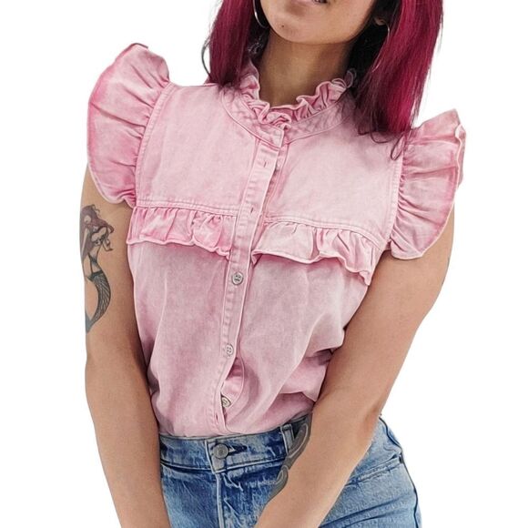 NWOT VICI Pink Ruffle Cap Sleeve Button Up Top Medium - Picture 1 of 10